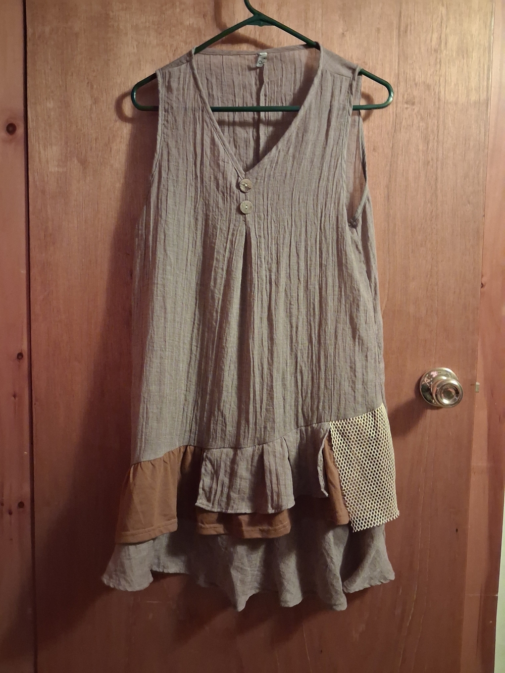 MISSLOOK Taupe Sleeveless Asymmetrical Ruffle Dress with Brown Trim